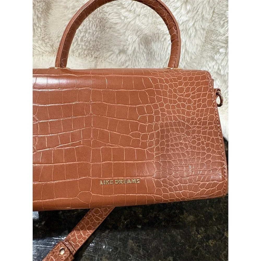 Like Dreams Satchel Handbag Womens Tan Croc Embossed Gold Chain Detail